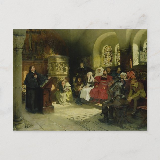 Luther Preaches using his Bible Translation Postcard (Front)
