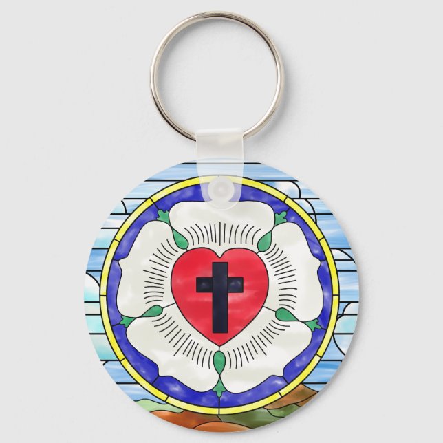 Luther Rose Stained Glass Basic Button Keychain (Front)