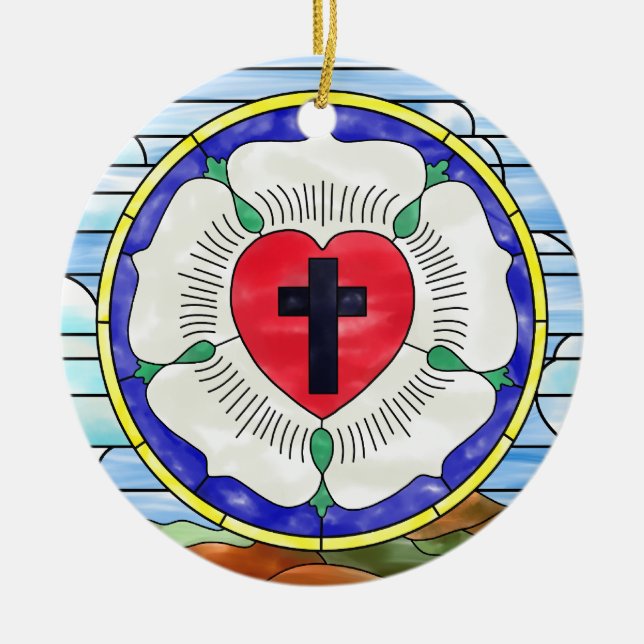 Luther Rose Stained Glass Window Ceramic Tree Decoration (Front)
