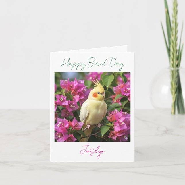 Lutino Cockatiel in Purple Flowers Custom Birthday Card (Front)