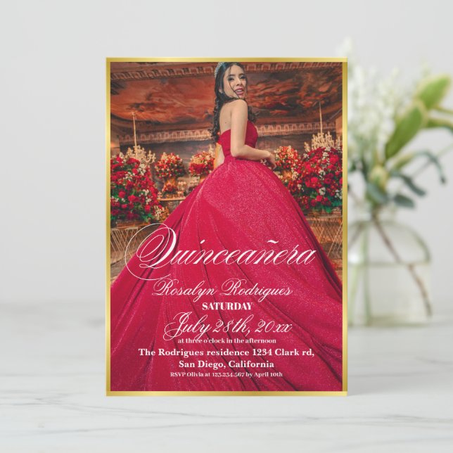 Lux and minimalist Photo Quinceanera Gold Invitation (Standing Front)