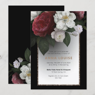 Lux Black Gold Red Pink White Floral Birthday Invitation