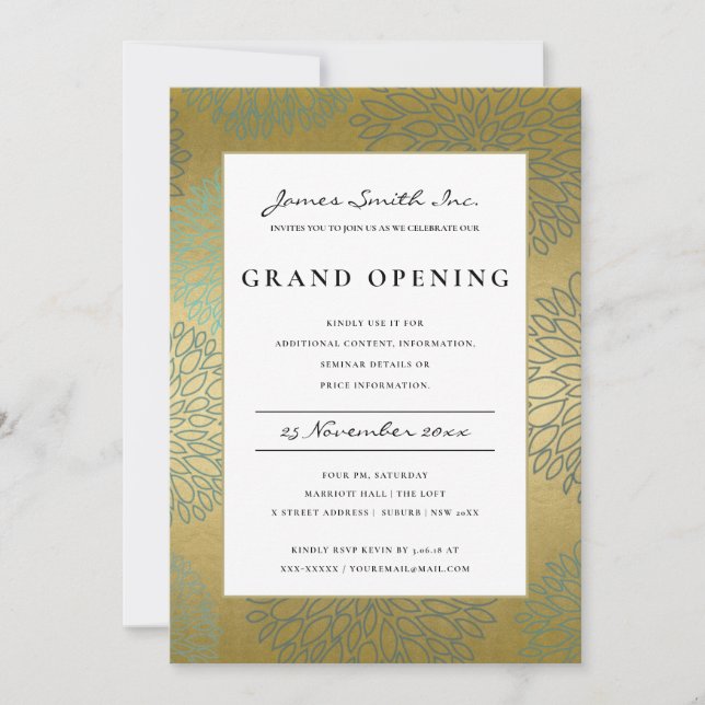 LUX BLUE GOLD DAHLIA FLORAL GRAND OPENING INVITE (Front)