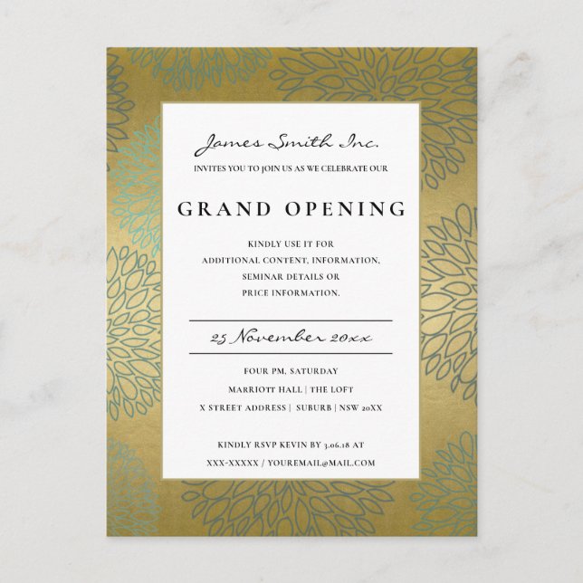LUX BLUE GOLD DAHLIA FLORAL GRAND OPENING INVITE POSTCARD (Front)
