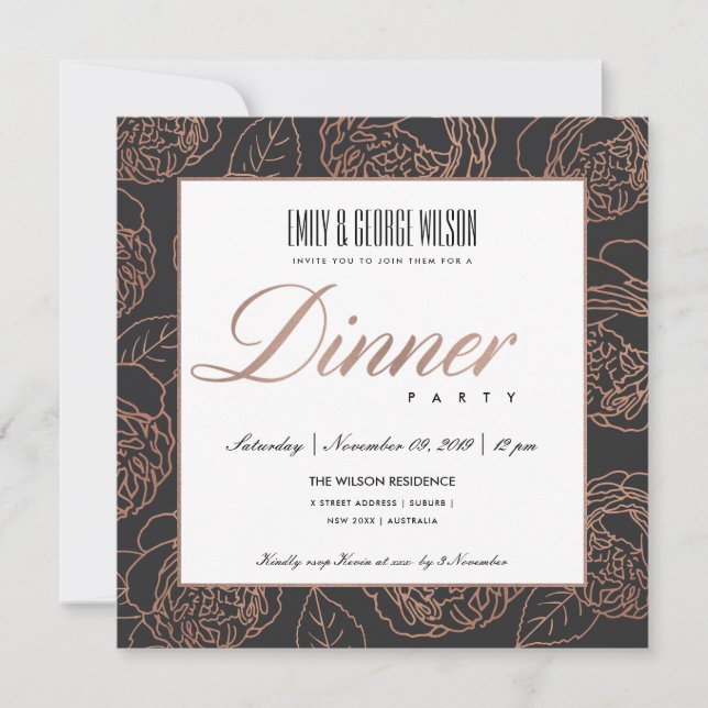 LUX BLUSH PINK ROSE GOLD BLACK FLORAL DINNER PARTY INVITATION (Front)