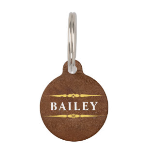 Lux Brown Leather & Gold Foil Monogram Name Pet Tag