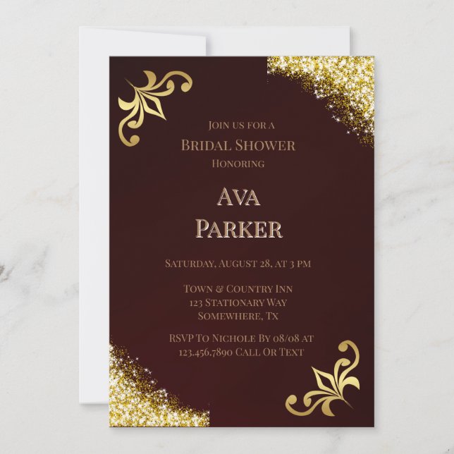 Lux Burgundy Gold Flourish Glitter Bridal Shower  Invitation (Front)