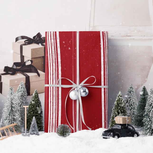 Lux Christmas White Stripes on Red Wrapping Paper (Wrap your holiday treasures in love and nostalgia with TCK&Co's Lux Christmas White Stripes design.)