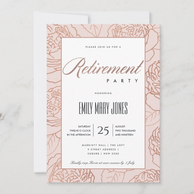LUX ELEGANT BLUSH PINK ROSE GOLD FLORAL RETIREMENT INVITATION (Front)