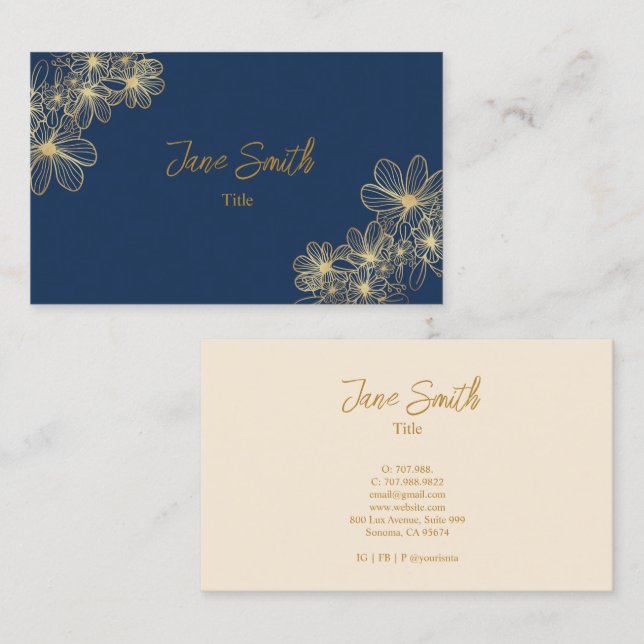 Lux Elegant Gold Flower | Blue Business Card (Front/Back)