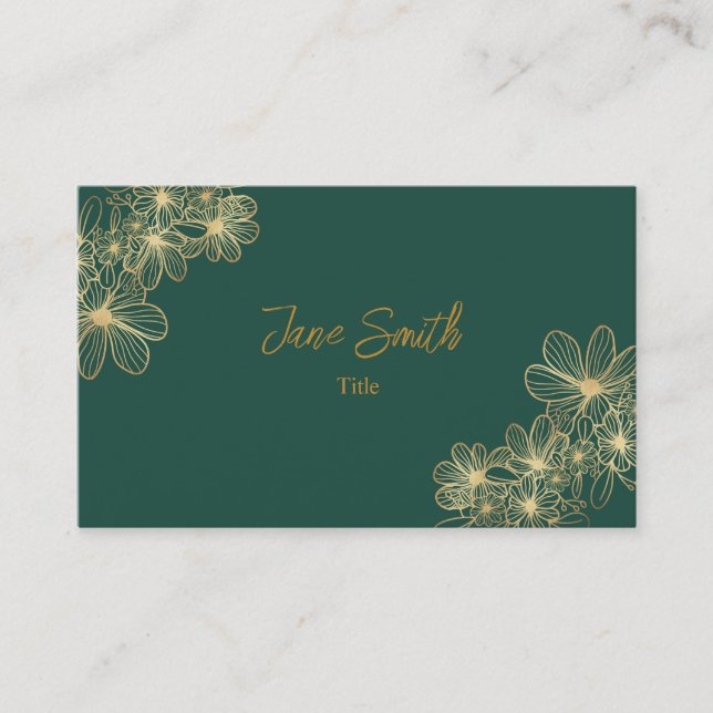 Lux Elegant Gold Flower | Green Business Card (Front)