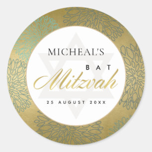 LUX FAUX WHITE GOLD DAHLIA FLORAL BAR BAT MITZVAH CLASSIC ROUND STICKER