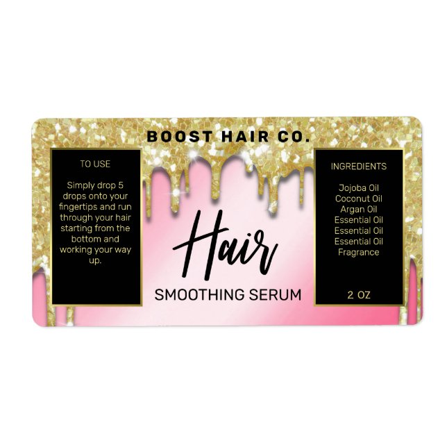 Lux Glitter Drips Gold Pink Black Hair Serum Label (Front)