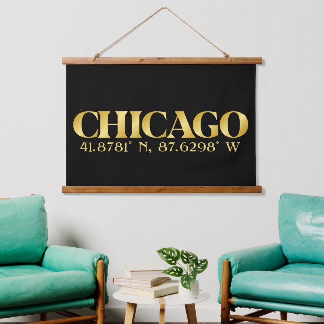 Lux Gold Chicago Latitude & Longitude  Hanging Tapestry (Living Room)