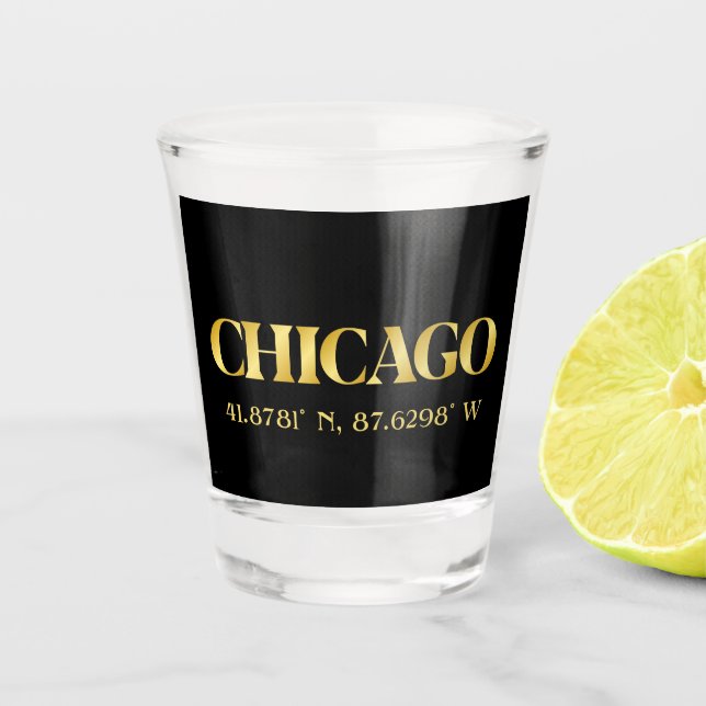 Lux Gold Chicago Latitude & Longitude  Shot Glass (Front)