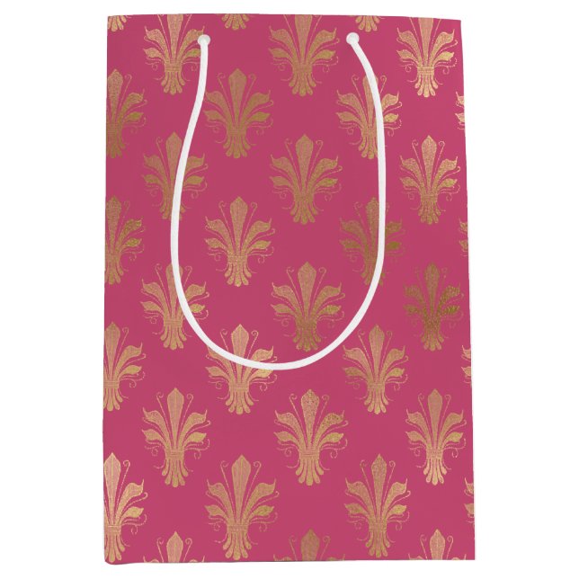 Lux Gold Fleur de Lis and Raspberry Sorbet Medium Gift Bag (Front)