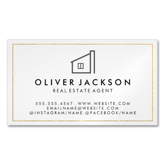 Lux Gold Foil Real Estate White Grey Magnetic Business Card (Front)