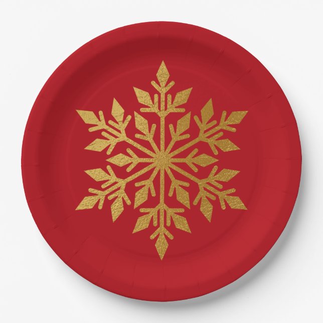 Lux Gold Foil Snowflake Solid Red Christmas Party Paper Plate (Front)