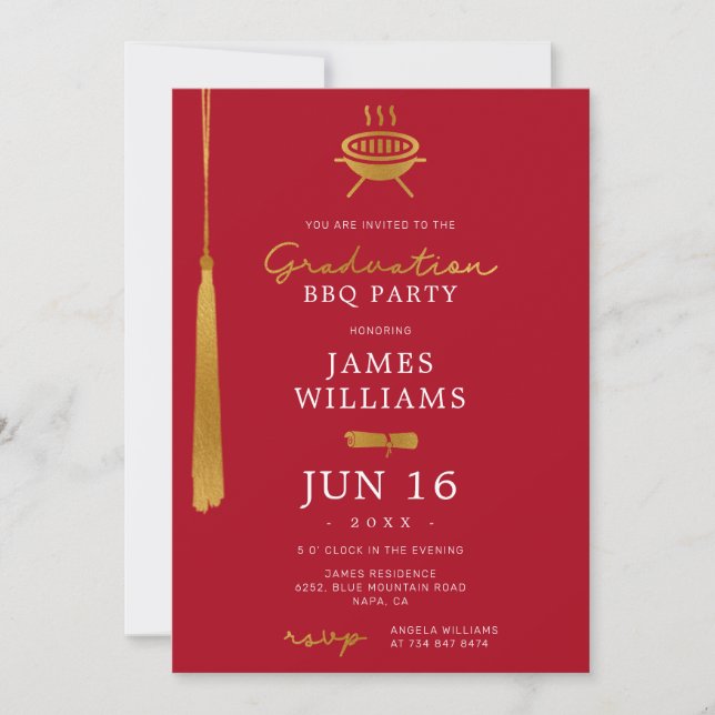 Lux Gold Foil Tassel Graduation BBQ Party Red Invitation (Front)