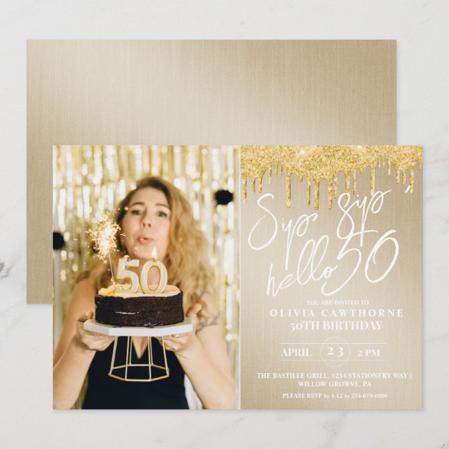 Lux Gold Glitter 50th Photo Birthday Invitat Invitation (Front/Back)