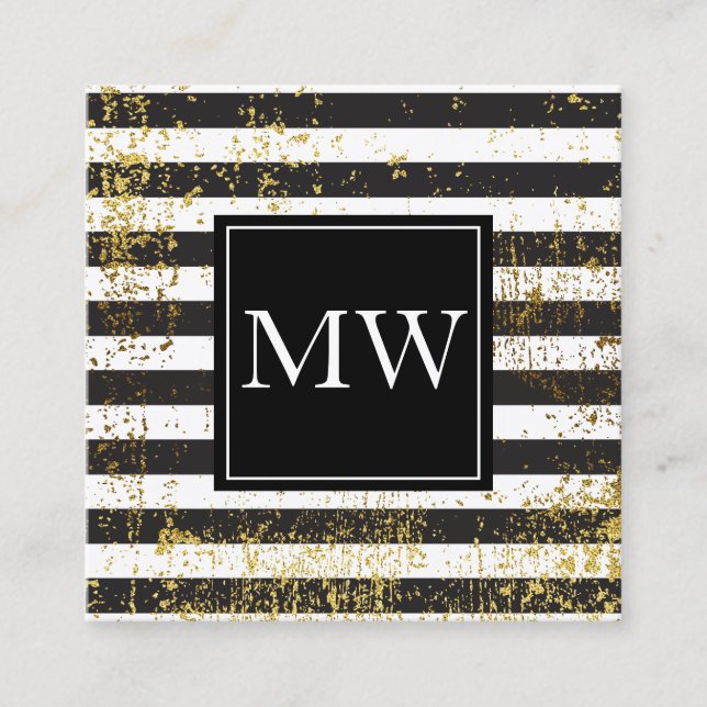 Lux Gold Grunge Monogram Black White Stripes Square Business Card (Front)