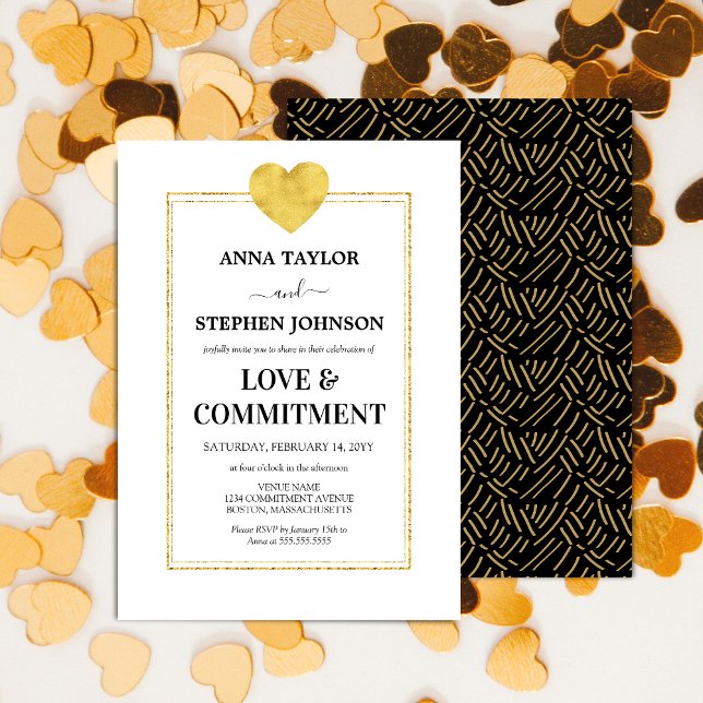 Lux Gold Heart Love & Commitment Ceremony Invitation (Faux gold foil look commitment ceremony invitation front and back view.)