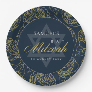 LUX GOLD NAVY BLUE ROSE FLORAL BAR BAT MITZVAH PAPER PLATE