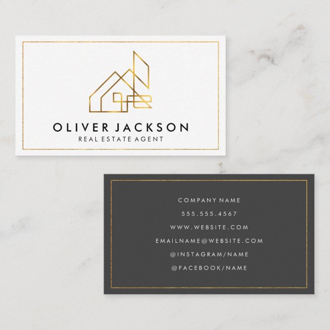 Lux Gold Real Estate House | Gold Border Business Card (Front/Back)