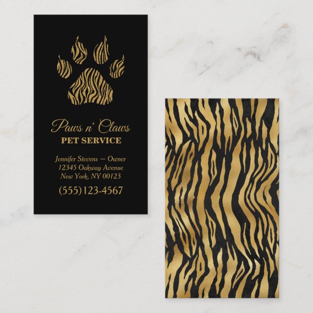Lux Gold Tiger Print Paw Pet Service Business Card (Front/Back)