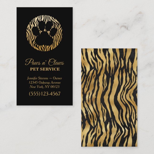 Lux Gold Tiger Print Paw Pet Service Business Card (Front/Back)