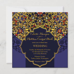 Lux Jewelled Gold Red Blue Hindu Wedding Invitation