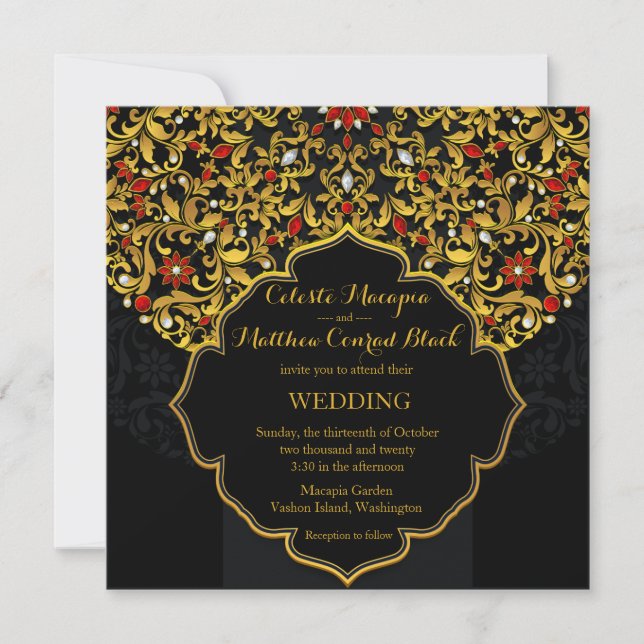 Lux Jewelled Gold Red Floral Indian Wedding Invitation (Front)