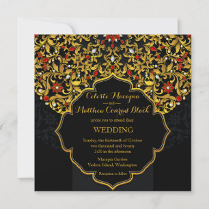 Lux Jewelled Gold Red Floral Indian Wedding Invitation