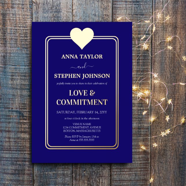 Lux Navy Blue and Gold Heart Commitment Ceremony (Navy blue and gold foil commitment ceremony invitation front view.)