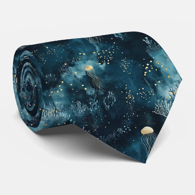 Lux Ocean Jellyfish & Coral Gold Pattern (1) Tie (Rolled)