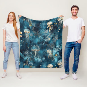 Lux Ocean Jellyfish & Coral Gold Pattern (2) Fleece Blanket