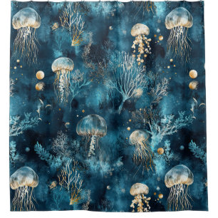 Lux Ocean Jellyfish & Coral Gold Pattern (2) Shower Curtain