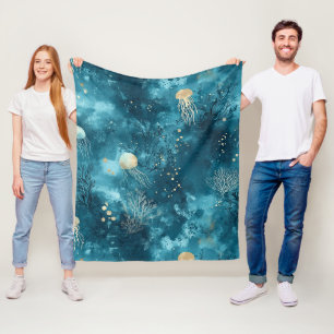 Lux Ocean Jellyfish & Coral Gold Pattern (3) Fleece Blanket