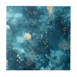 Lux Ocean Jellyfish & Coral Gold Pattern (3) Tile