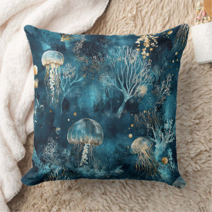 Lux Ocean Jellyfish & Coral Gold Pattern Cushion