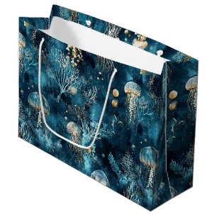 Lux Ocean Jellyfish & Coral Gold Pattern Large Gift Bag