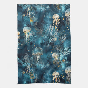 Lux Ocean Jellyfish & Coral Gold Pattern Tea Towel