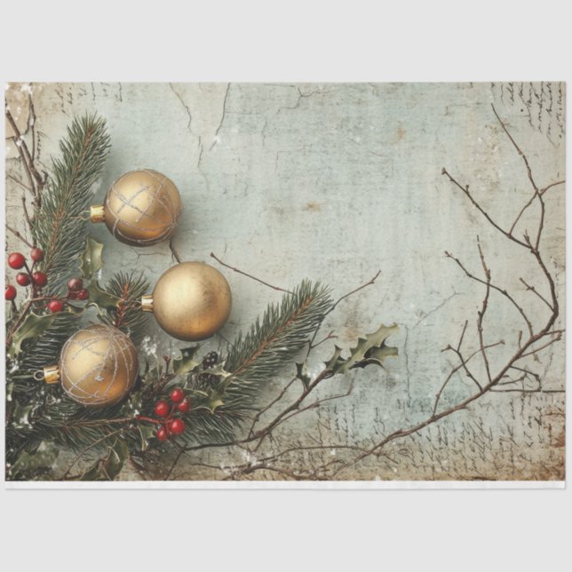 Lux Opulent Christmas greenery and gold baubles Tissue Paper (Front)