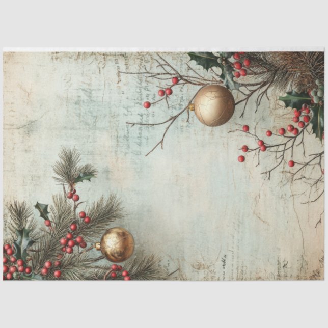 Lux Opulent Christmas greenery and gold baubles Tissue Paper (Front)
