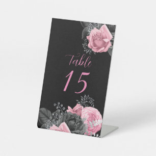 Lux Pink Black Floral Inking Wedding Table Number  Pedestal Sign