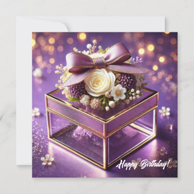 Lux purple glass floral gift gold chiffon bow holiday card (Front)