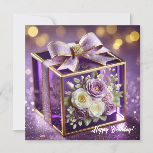 Lux purple glass floral gift gold chiffon bow holiday card (Front)
