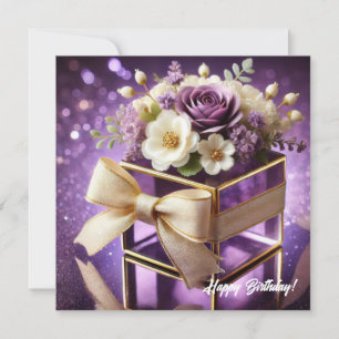 Lux purple glass floral gift gold chiffon bow holiday card