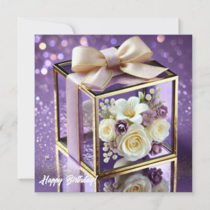 Lux purple glass floral gift gold chiffon bow holiday card
