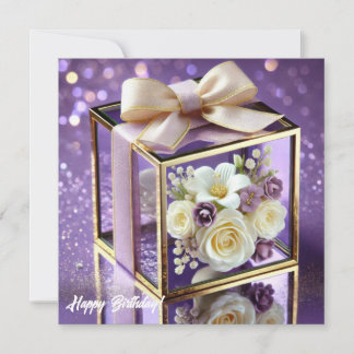 Lux purple glass floral gift gold chiffon bow holiday card